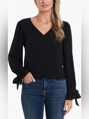 CeCe Black V-Neck Long Sleeve Ruffle Cuff Blouse